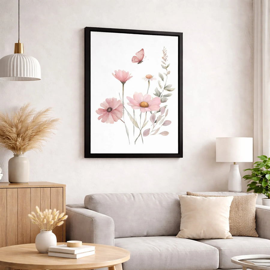 Watercolor Pink Flower Canvas Art | Soft Butterfly Wall Decor | Premium Fade-Resistant Gallery Wrap | Modern Botanical Nursery Gift
