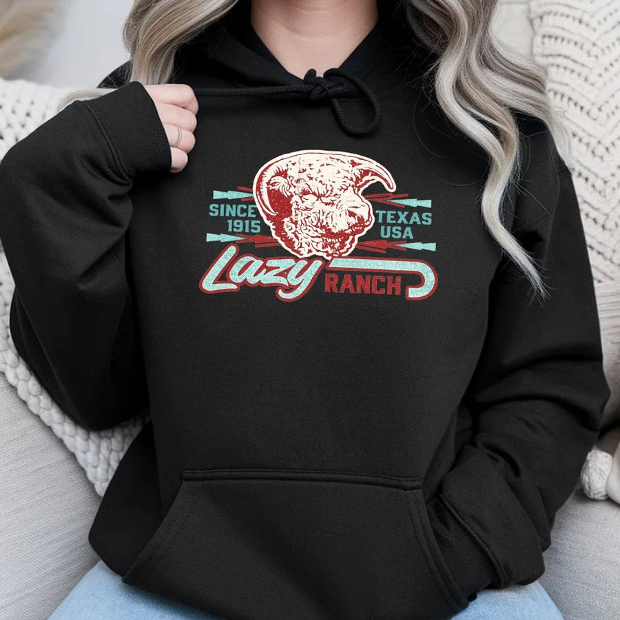 Lazy J Ranch Hoodie | Vintage Texas Ram Skull Graphic | Soft Cotton Western Wear | Gift for Cowboy or Rancher