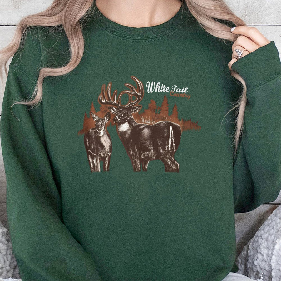 Whitetail Deer Sweatshirt | Vintage Hunting Buck and Doe Graphic | Soft Cotton Blend Crewneck | Outdoor Nature Gift for Hunters