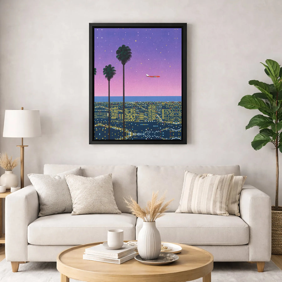 Los Angeles Night Cityscape Canvas | Vaporwave Palm Trees & Plane Art | Gallery-Quality Fade-Resistant Print | Aesthetic Home & Office Decor Gift