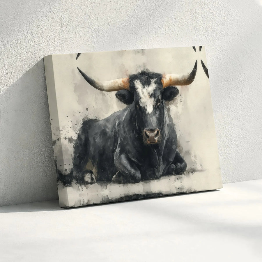 Texas Longhorn Bull Wall Art | Black And White Watercolor Animal Print | Premium 1.25 Inch Gallery Wrapped Canvas | Rustic Farmhouse Home Decor