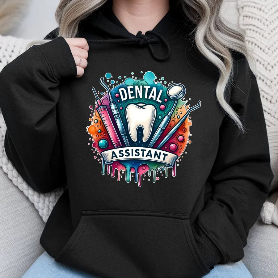 Dental Assistant Hoodie | Colorful Watercolor Tooth Design | Cotton-Poly Blend | Premium Gift for Dental Hygienist or Dentist Office Staff