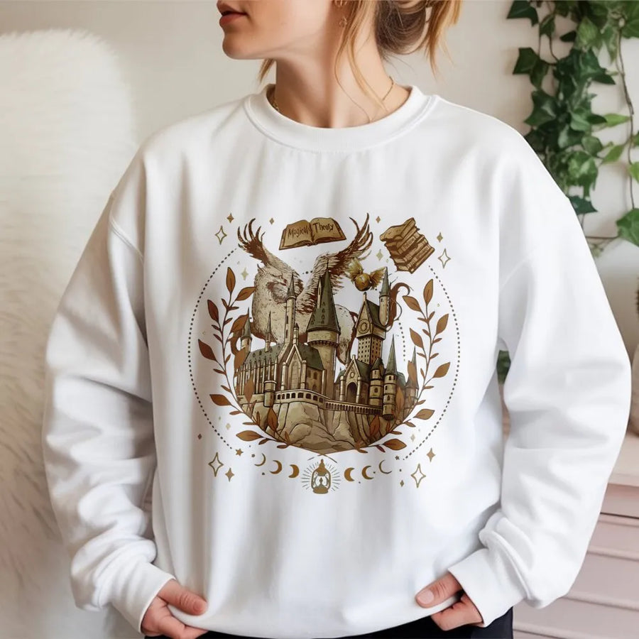 Wizard Castle Sweatshirt | Bookish Fantasy Illustration | Soft Cotton Blend Graphic Pullover | Gift for Fantasy Readers and Book Lovers