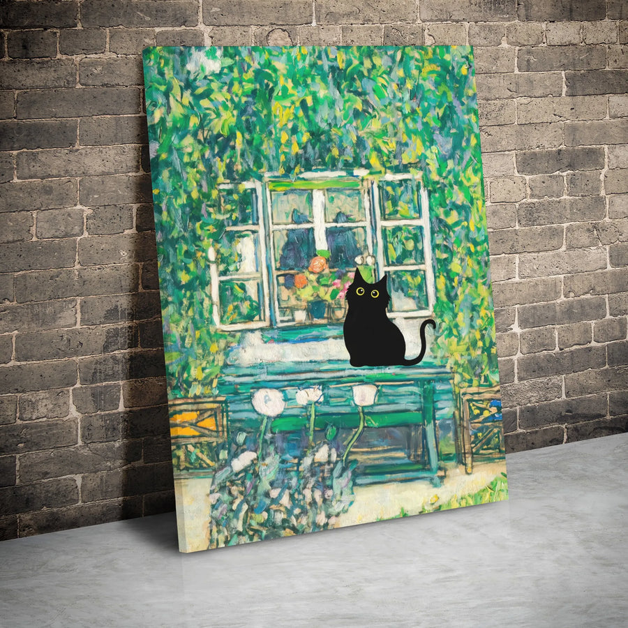 Black Cat Wall Art | Impressionist Windowsill Garden Painting | Premium Gallery Wrapped Canvas | Whimsical Home Decor Gift for Cat Lovers
