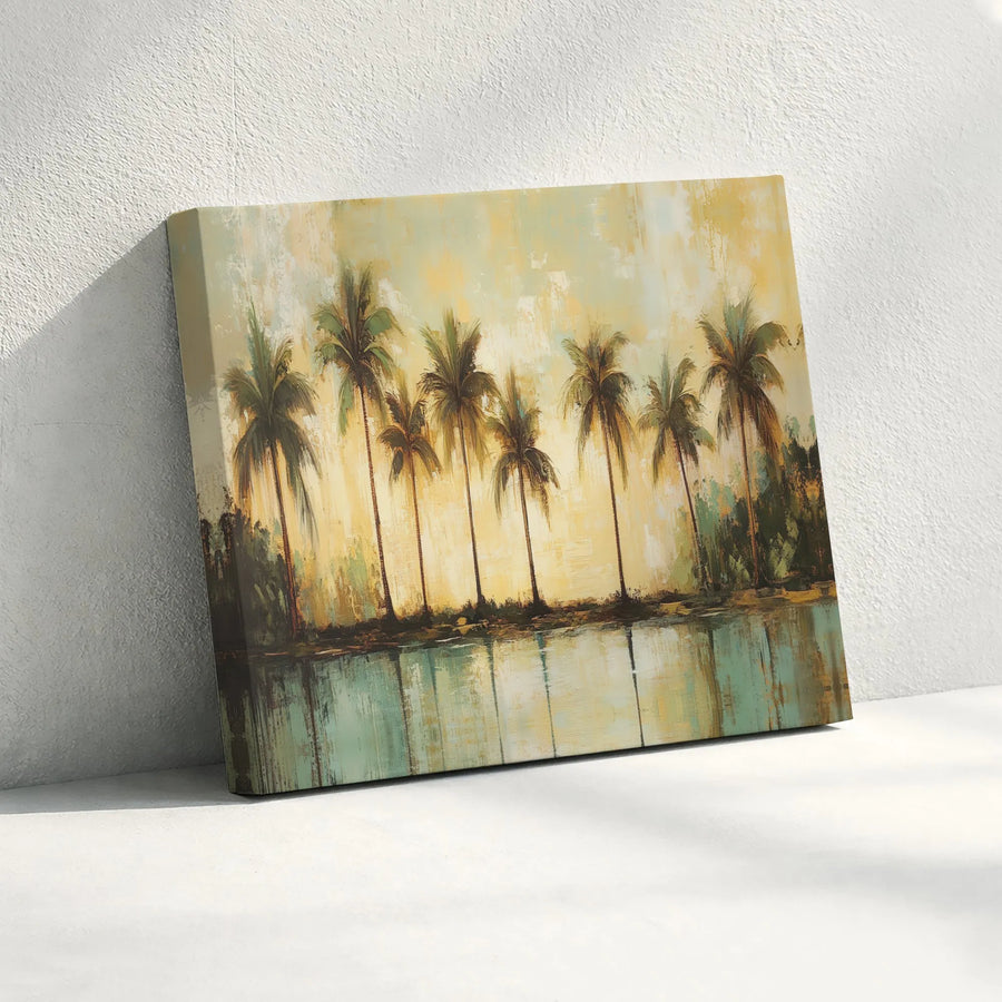 Tropical Palm Trees Canvas Wall Art | Vintage Coastal Seascape Painting | Premium Gallery Wrapped Print | Living Room Beach House Decor