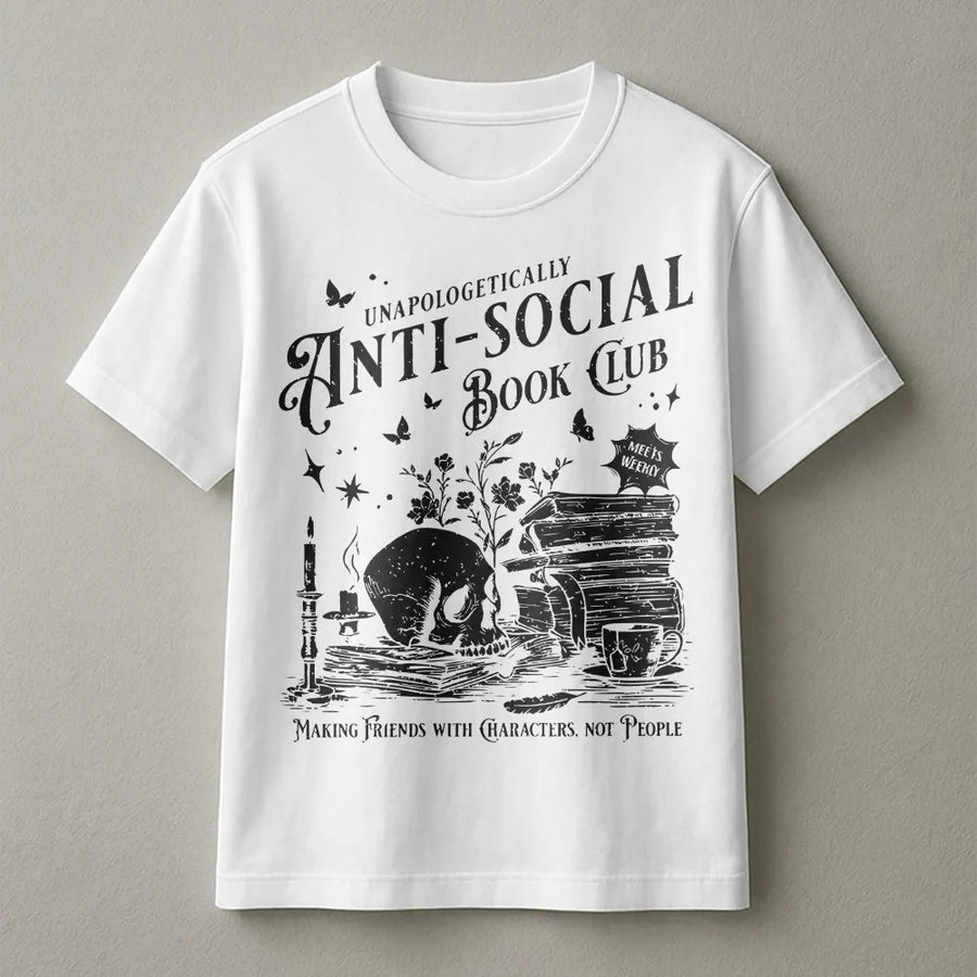 Anti-Social Book Club T-Shirt | Gothic Skull & Books Graphic Sweatshirt | Premium Cotton Blend | Gift for Book Lover Introvert