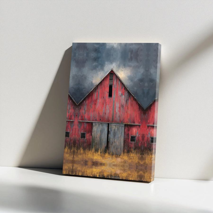 Rustic Red Barn Canvas Wall Art | Impressionist Farmhouse Painting | Premium Stretched Canvas | Country Living Room Decor Gift