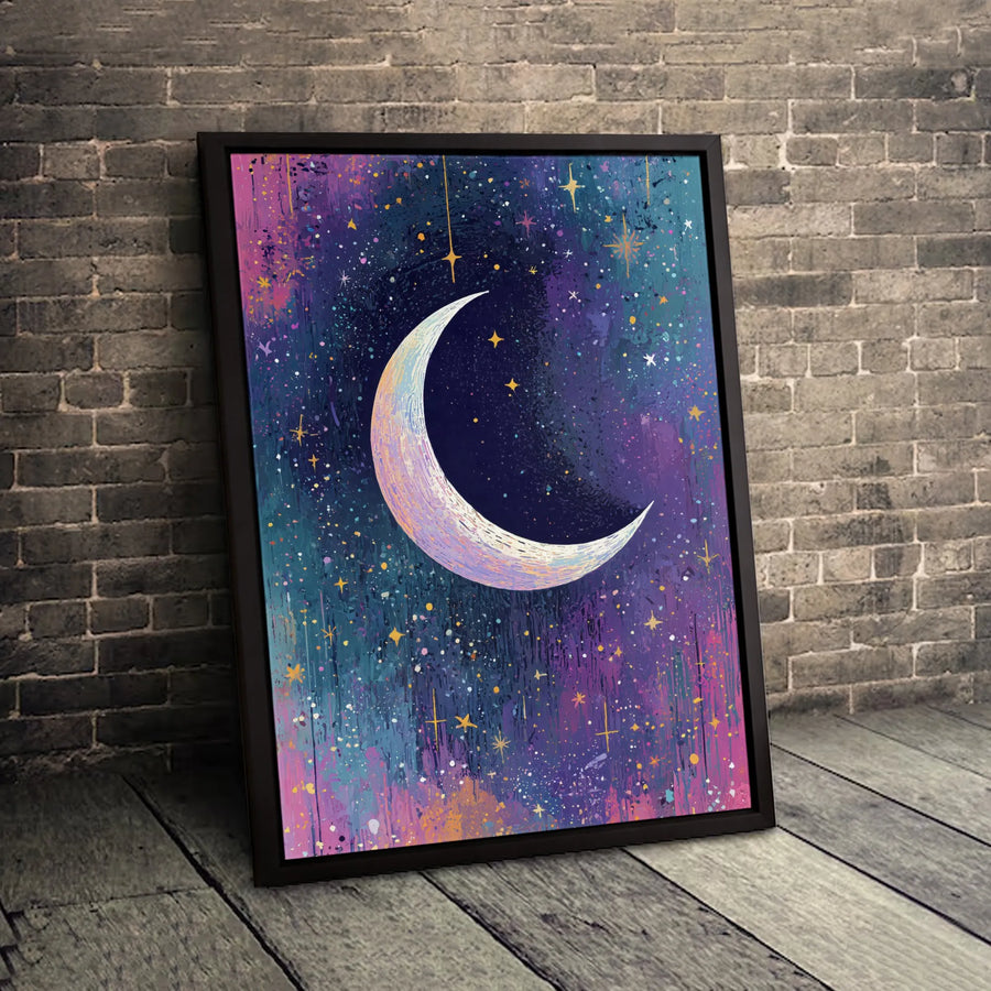 Crescent Moon Wall Art Canvas | Starry Night Sky Abstract Print | Gallery Quality 1.25 Inch Profile | Celestial Home Decor Gift