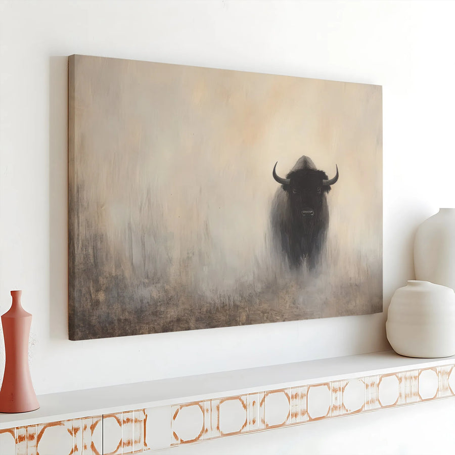 American Bison Canvas Wall Art | Misty Wildlife Buffalo Portrait | 1.25 Inch Gallery Wrap | Premium Neutral Farmhouse Decor for Living Room