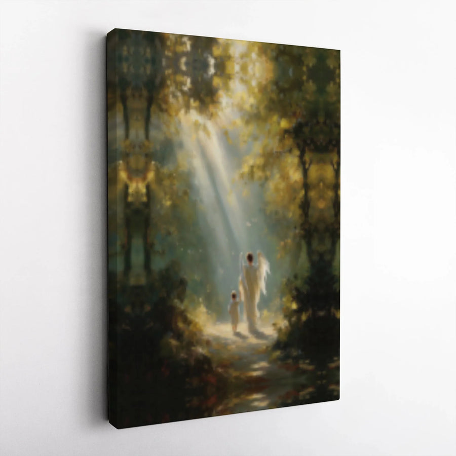 Guardian Angel Canvas Print | Walking with Child in Forest | Gallery Wrapped Wall Art | Spiritual Religious Gift for Nursery or Home Decor