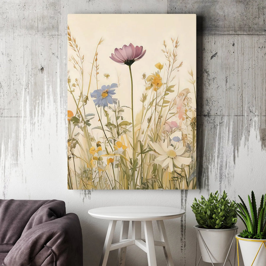Wildflower Meadow Canvas Wall Art | Soft Pastel Floral Botanical Painting | Premium Gallery Wrap Decor | Ready to Hang Gift for Home