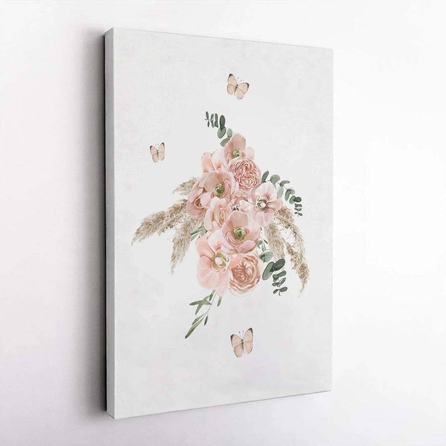 Watercolor Floral Canvas Wall Art | Blush Pink Bouquet with Pampas Grass & Butterflies | Premium Gallery Wrap Decor | Aesthetic Home Gift for Her
