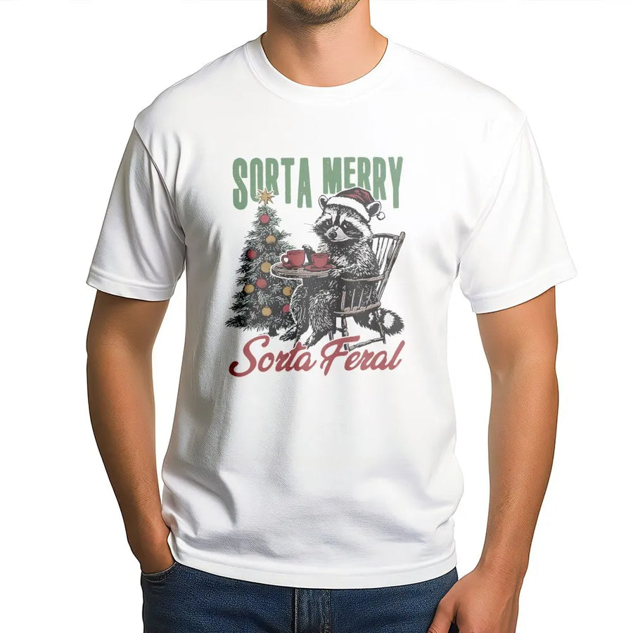 Sorta Merry Sorta Feral Raccoon T-Shirt | Funny Christmas Animal Graphic Tee | Premium Soft Cotton | Unisex Holiday Gift for Animal Lovers