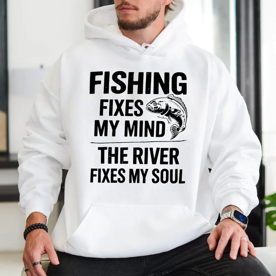 Funny Fishing Hoodie | Fishing Fixes My Mind River Fixes My Soul | Soft Cotton Blend Pullover | Unique Gift for Fisherman