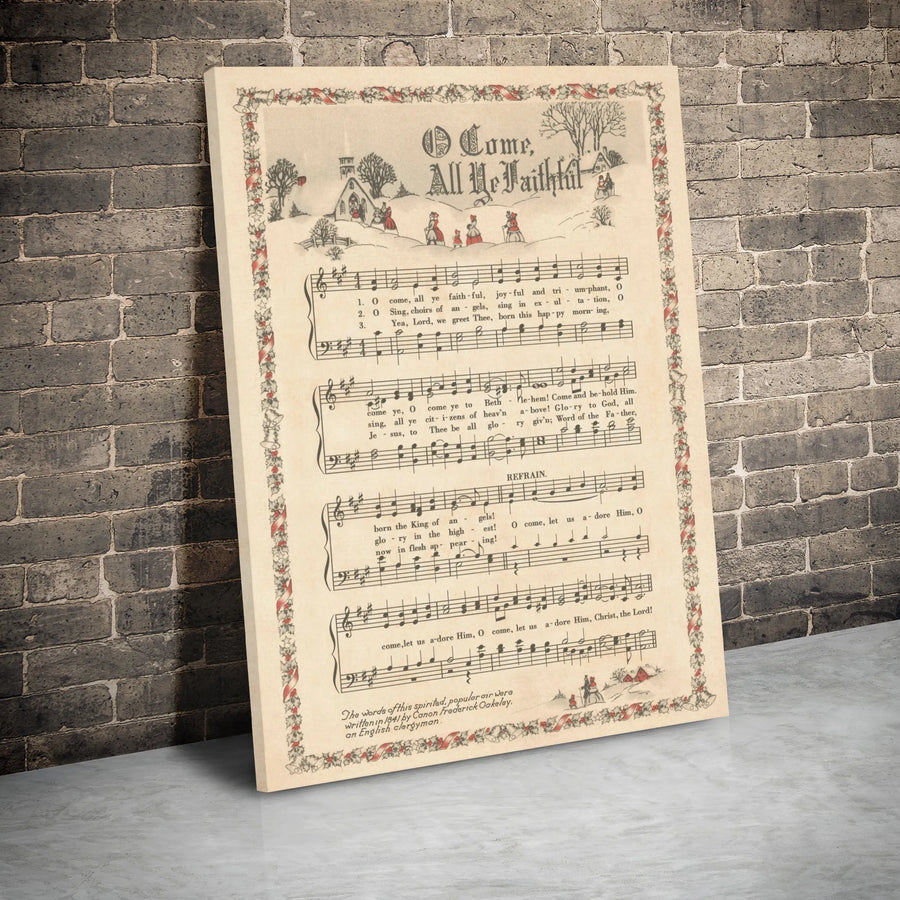 O Come All Ye Faithful Christmas Hymn Canvas | Vintage Sheet Music Wall Art | Premium Gallery Wrap Decor | Religious Holiday Gift for Home