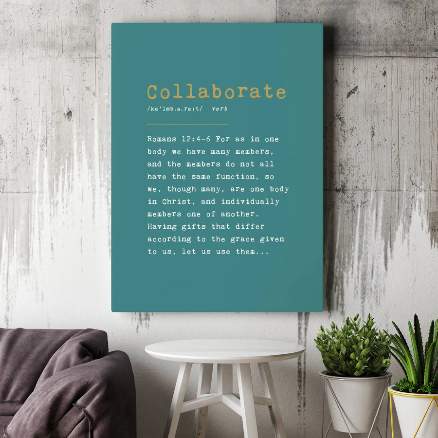 Collaborate Bible Verse Canvas | Romans 12:4-6 Definition Wall Art | Gallery Quality Framed Print | Christian Home Decor Gift for Office