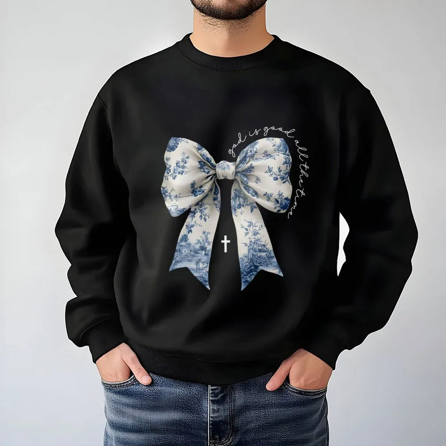 God Is Good Bow Sweatshirt | Toile De Jouy Christian Aesthetic | Premium Cotton Blend Crewneck | Religious Gift For Her Faith Apparel