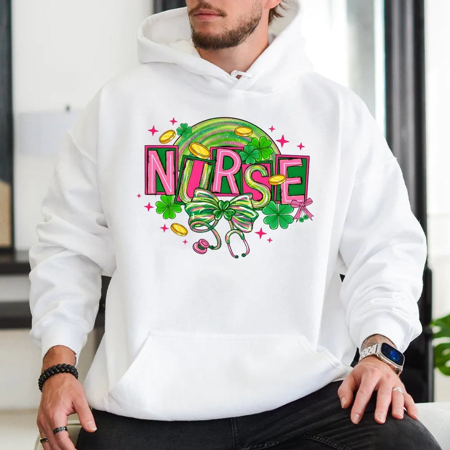 St Patrick's Day Nurse Hoodie | Retro Shamrock Stethoscope Bow Design | Cotton-Poly Blend | Cute Nursing Student Gift for Women