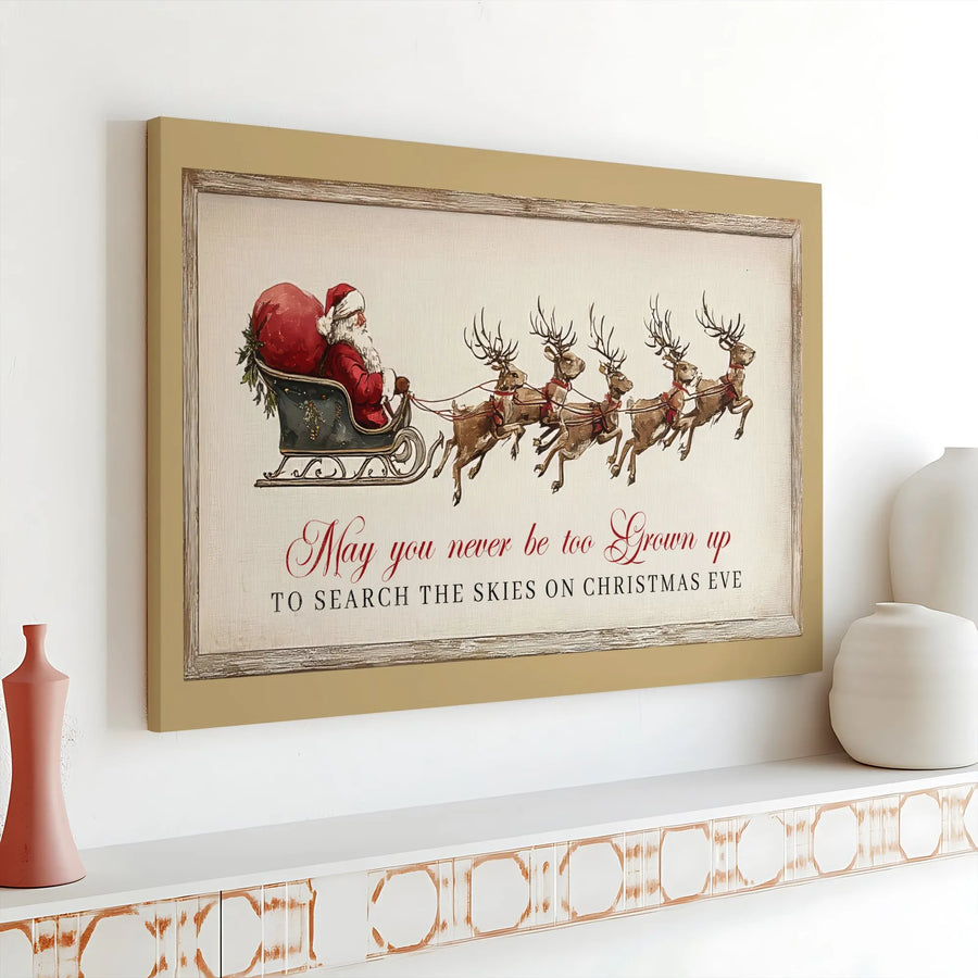 Vintage Christmas Canvas Wall Art | Santa Claus Sleigh & Reindeer Print with Quote | Premium Gallery Wrap Canvas | Rustic Holiday Home Decor Gift