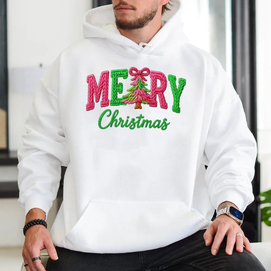 Merry Christmas Hoodie | Faux Yarn Knit Style Graphic | Premium Cotton Blend | Festive Holiday Gift for Women and Men