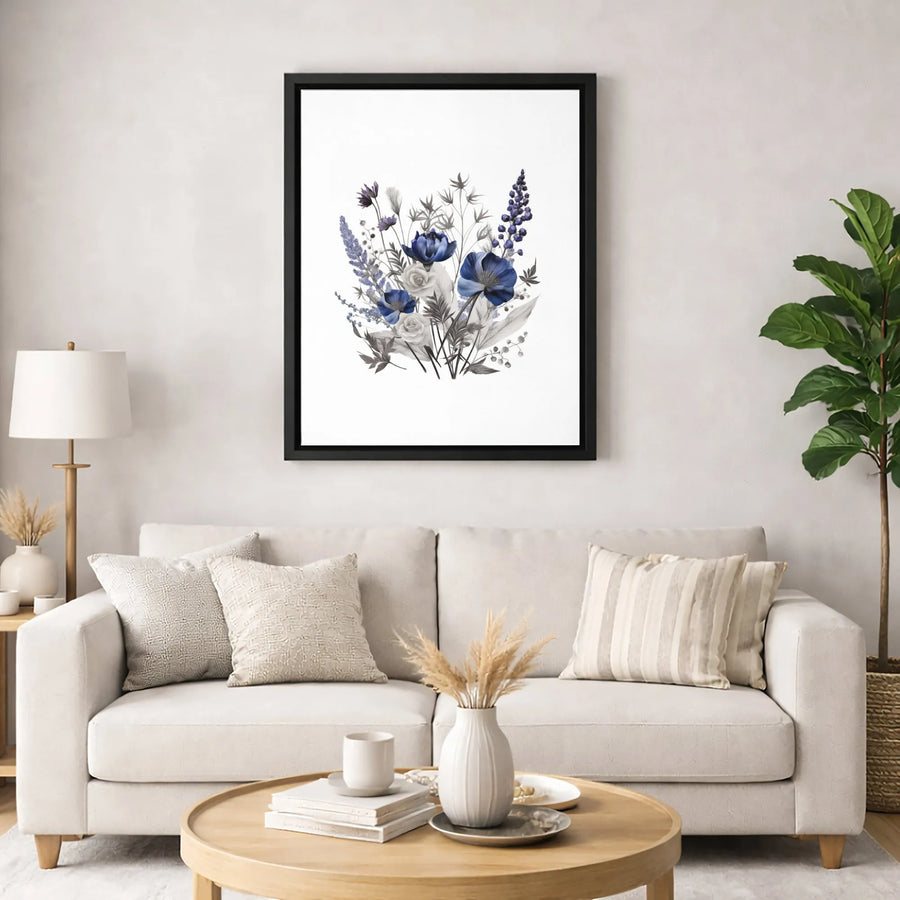 Navy Blue Floral Canvas Wall Art | Botanical Flower Bouquet Illustration | Premium Fade-Resistant Print | Elegant Modern Home Decor Gift
