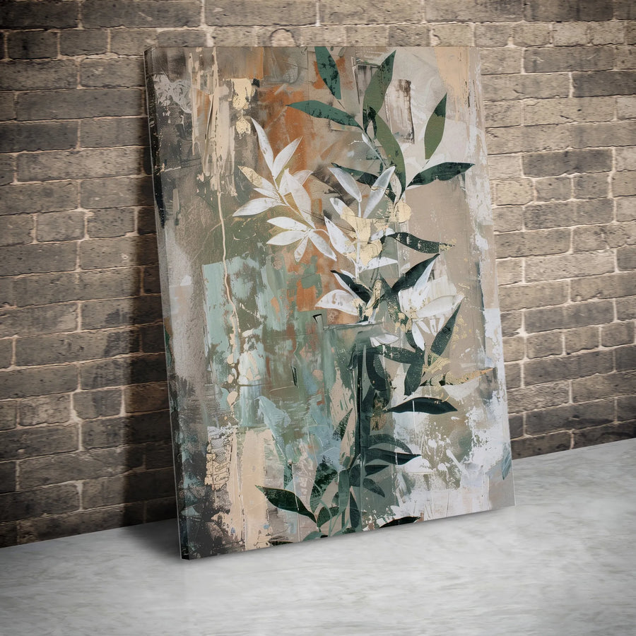 Abstract Botanical Canvas Wall Art | Green Leaf Gold Foil Print | 1.25 Inch Gallery Wrap | Modern Home Decor Gift