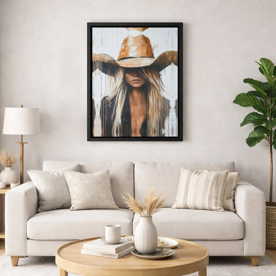 Cowgirl Canvas Wall Art | Abstract Blonde Woman In Cowboy Hat | Premium 1.25 Inch Gallery Wrap | Western Home Decor Gift