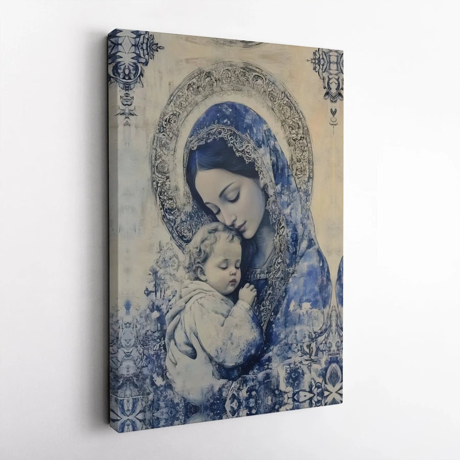Madonna and Child Wall Art | Blue & White Vintage Style Portrait | Premium Gallery Wrap Canvas | Christian Home Decor Religious Gift