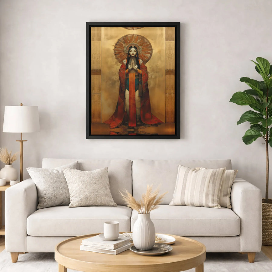 Futuristic Priestess Wall Art | Ornate Sun-Ray Halo Canvas | Premium Gallery-Wrapped Print | Spiritual Sci-Fi Home Decor Gift