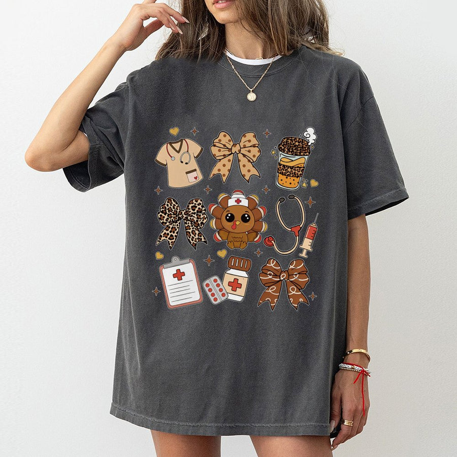 Nurse Thanksgiving T-Shirt | Cute Leopard Print Turkey & Medical Icons | 100% Cotton Premium Tee | Holiday Gift for Nurses & Healthcare Workers