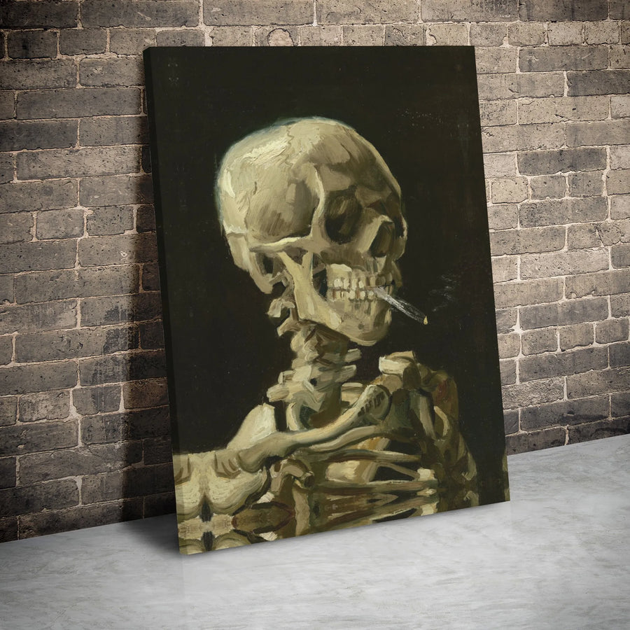 Skull with Burning Cigarette Canvas Print | Vincent Van Gogh Famous Art Reproduction | Premium Gallery Wrap Decor | Dark Academia Wall Art Gift