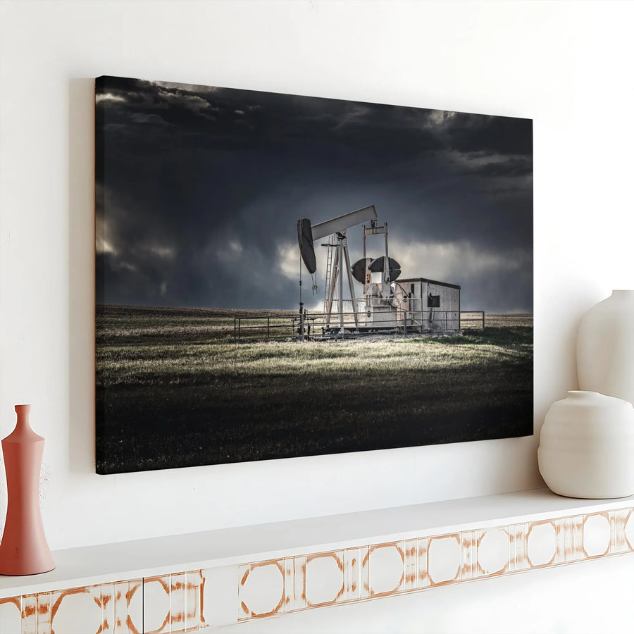 Oil Pumpjack Wall Art | Dramatic Stormy Landscape Canvas Print | Premium Gallery Wrap Decor | Industrial Farmhouse Home Office Gift