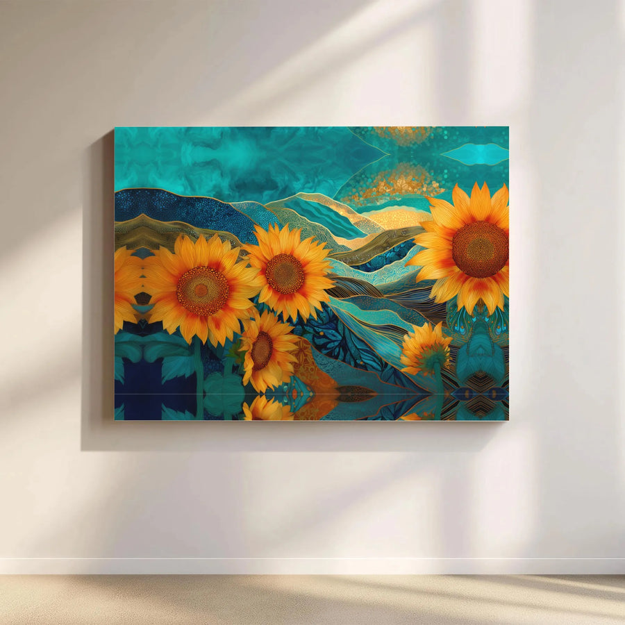 Abstract Sunflower Canvas Wall Art | Teal and Gold Landscape Print | Premium Gallery-Wrapped Decor | Botanical Modern Home Gift