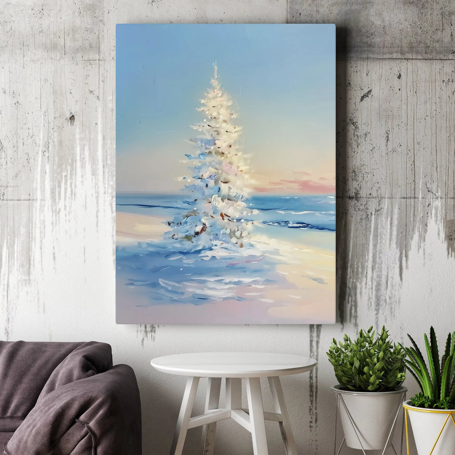 Coastal Christmas Tree Canvas Art | Snowy Beach Impressionist Wall Decor | Premium Fade-Resistant Gallery Print | Winter Holiday Living Room Gift