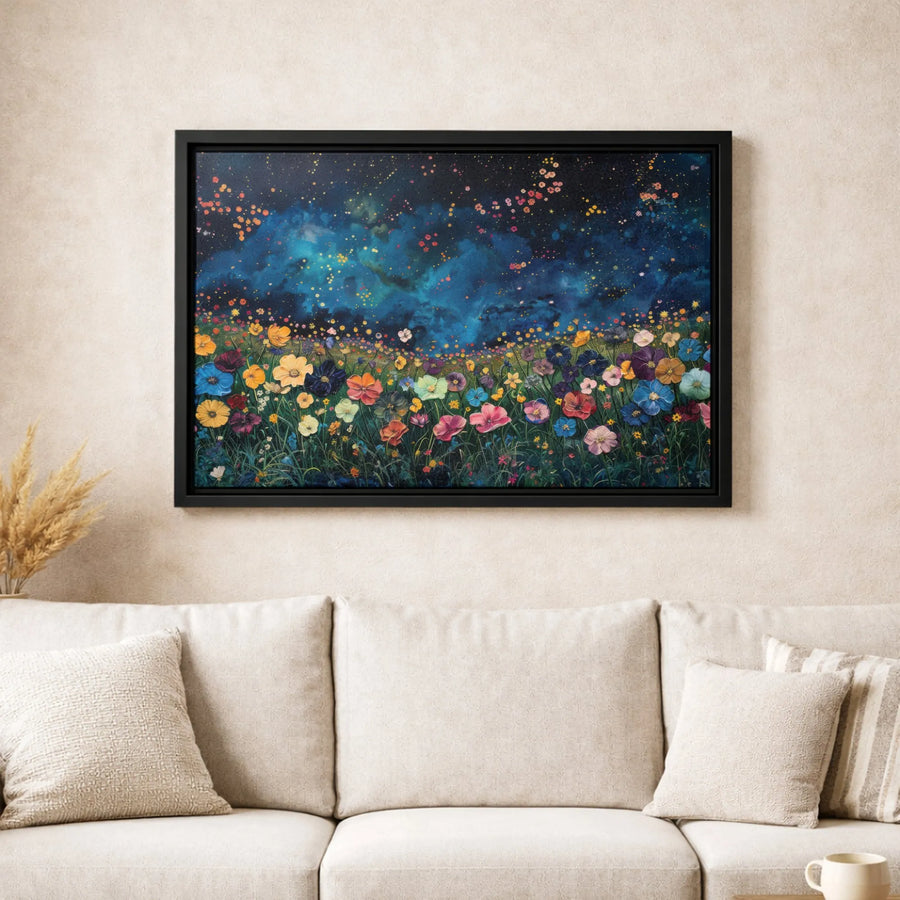 Wildflower Field Canvas Art | Celestial Starry Night Landscape | Premium Gallery Wrapped Print | Nature Home Decor Gift for Wall