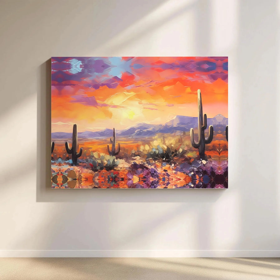 Desert Sunset Canvas Wall Art | Vibrant Saguaro Cactus Landscape | Premium Gallery-Wrapped Print | Southwest Home Decor Gift