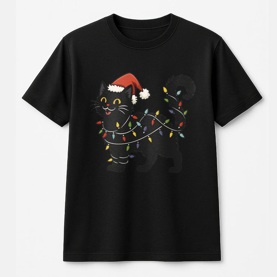 Black Cat Christmas T-Shirt | Festive Santa Hat and String Lights Design | 100% Soft Cotton Premium Tee | Cute Holiday Gift for Cat Lovers