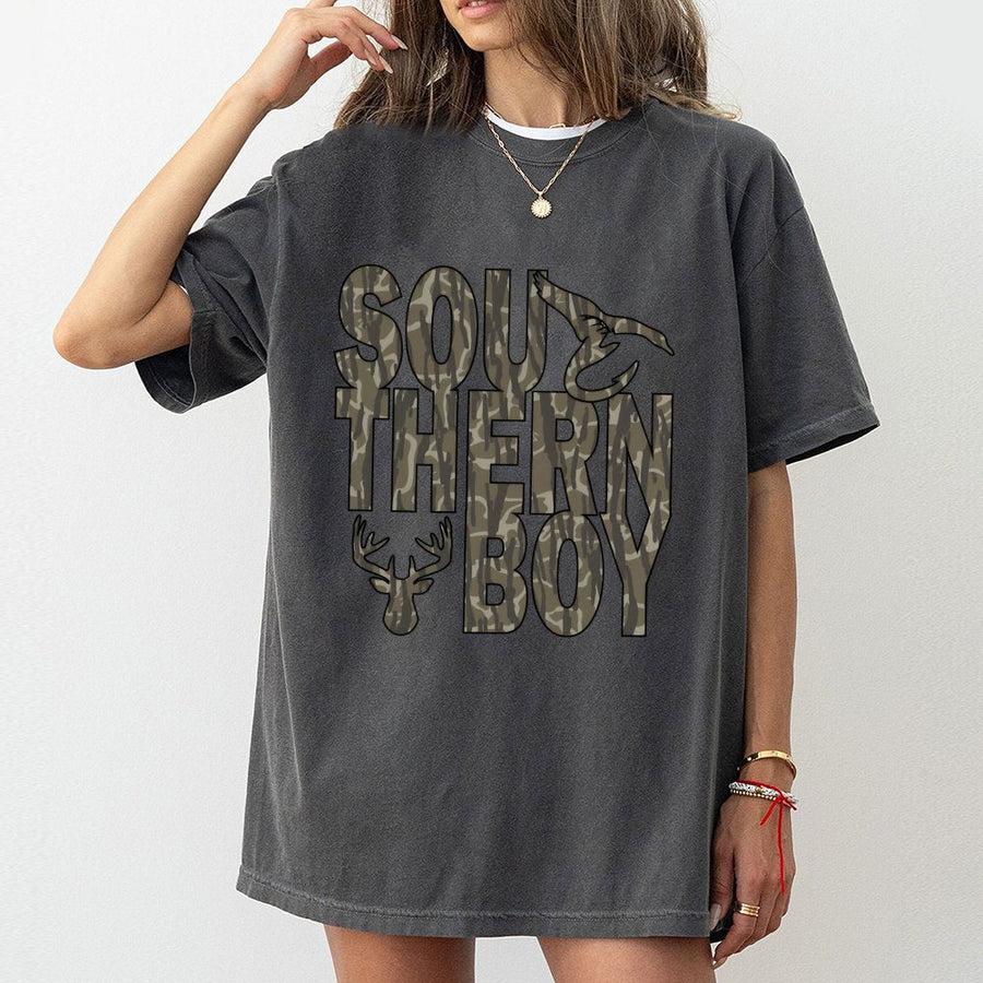 Southern Boy Graphic T-Shirt | Camo Print Deer Antler Design | 100% Cotton Premium Tee | Country Style Gift for Men and Boys