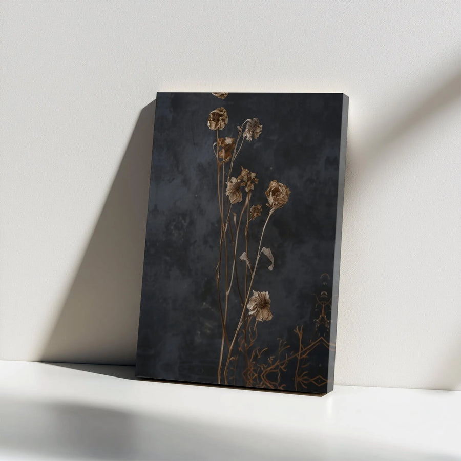 Dried Flower Wall Art | Moody Botanical Floral Canvas Print | Premium Gallery Wrap Decor | Minimalist Dark Grey Aesthetic Home Office Gift