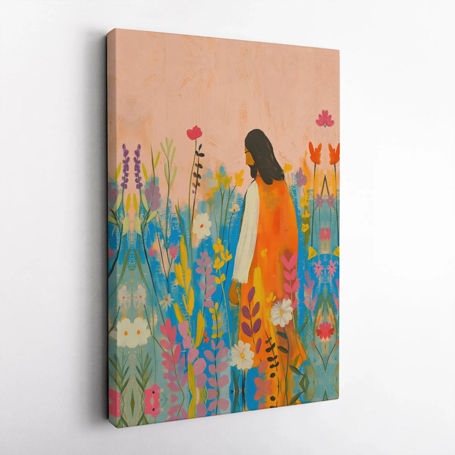 Jesus In Wildflower Field Canvas Print | Abstract Christian Wall Art | Premium Gallery-Wrapped Decor | Religious Home Gift for Believers