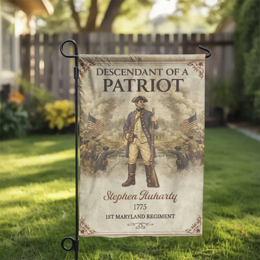 Descendant of a Patriot Garden Flag | Vintage Revolutionary War Soldier 1775 Design | Double-Sided Premium Weather-Resistant Polyester | Patriotic Heritage Gift for History Buffs