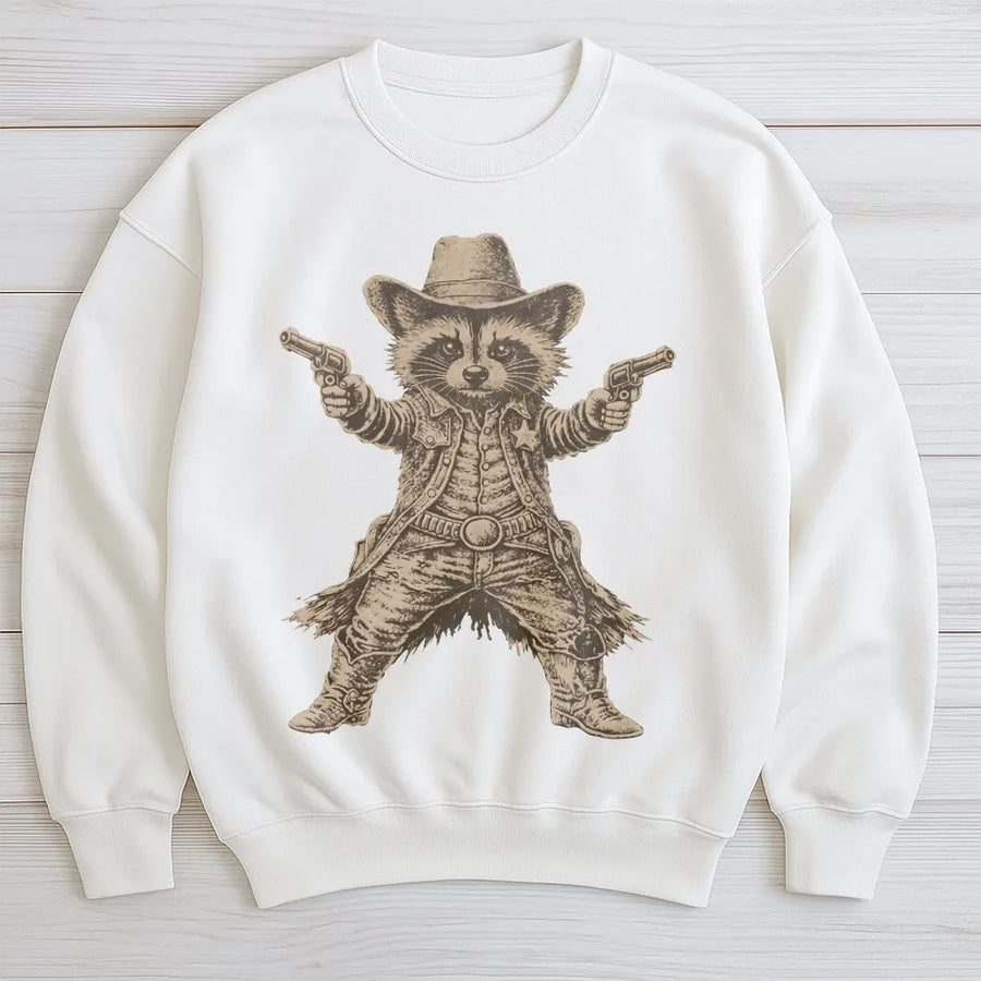 Sweat-shirt raton laveur cow-boy | Motif rétro western de tireur à l’affût | Sweat-shirt doux en coton mélangé | Cadeau amusant unisexe pour les amoureux des animaux