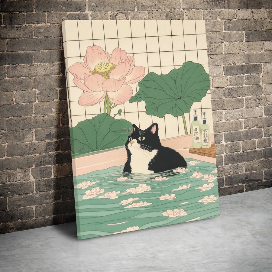 Japanese Cat Bathing Canvas Wall Art | Ukiyo-e Style Lotus Flower Decor | 1.25" Premium Gallery Wrapped Canvas | Whimsical Animal Home Gift