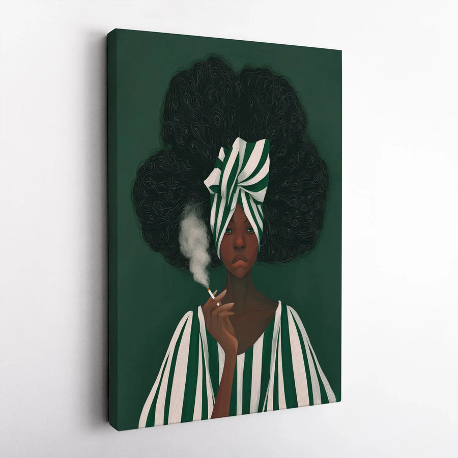 Black Woman Art Print | Afro Aesthetic Smoking Portrait in Green Headwrap | Premium Gallery Canvas | Modern Home Decor Gift for Her
