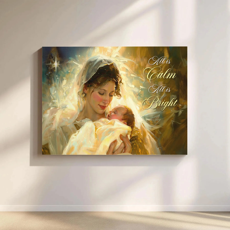 Virgin Mary and Baby Jesus Canvas Art | All Is Calm All Is Bright | Premium Gallery Wrap | Religious Christmas Wall Decor for Living Room