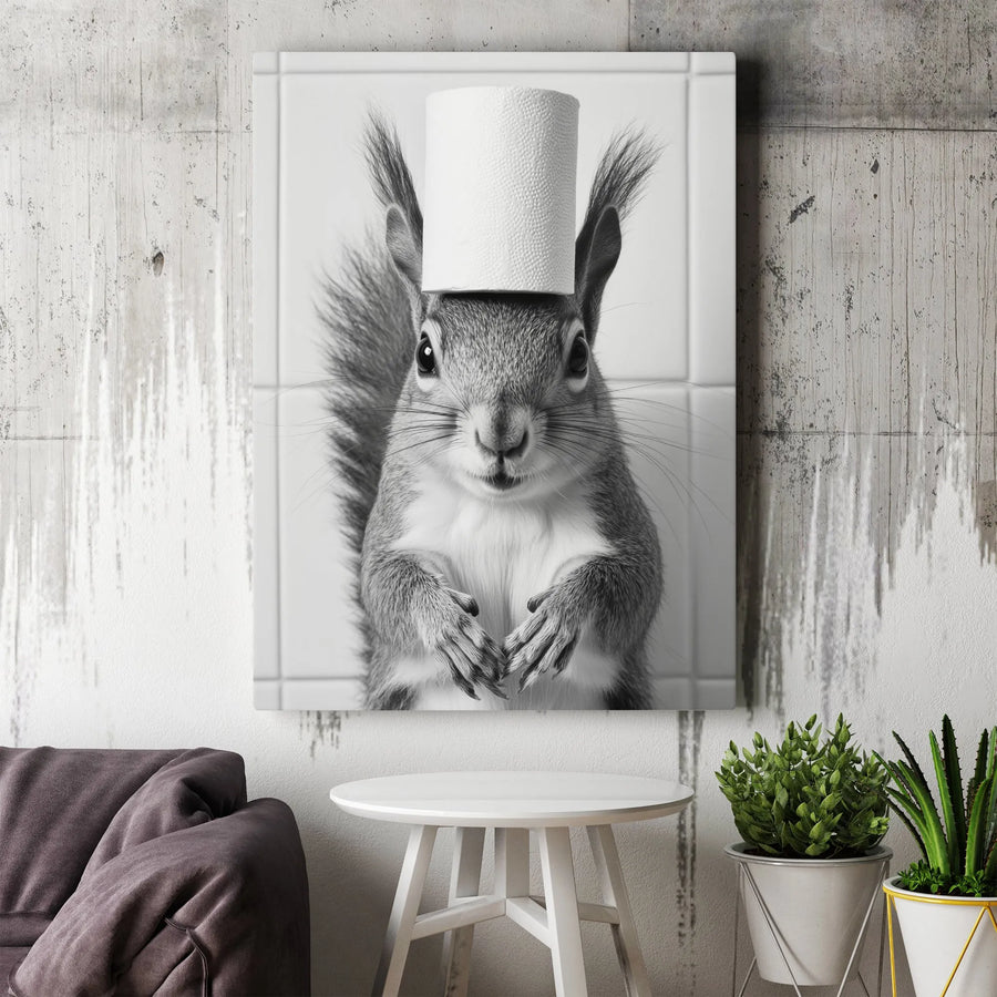 Funny Squirrel Bathroom Wall Art | Quirky Toilet Paper Head Portrait | Premium Gallery Wrapped Canvas | Humorous Home Decor Gift for Animal Lovers