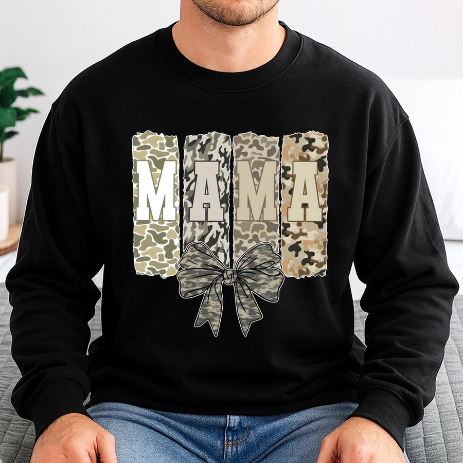 Mama Sweatshirt | Camo Coquette Bow Print | Premium Cotton Blend Crewneck | Trendy Mother's Day 2026 Gift for Mom