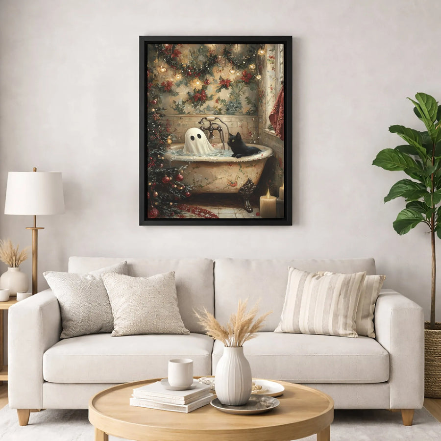 Ghost and Black Cat Christmas Canvas | Whimsical Holiday Bathtub Art | Premium Fade-Resistant Print | Spooky Festive Wall Decor Gift