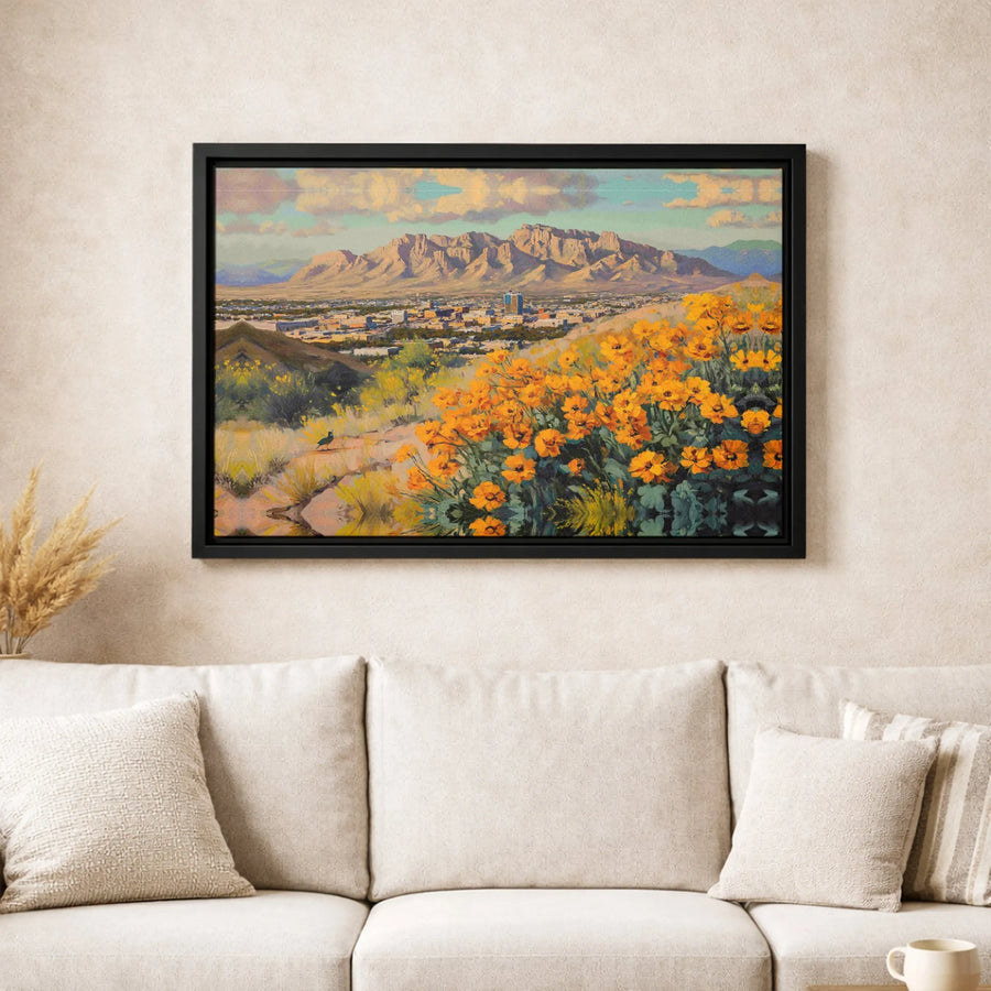 Southwestern Desert Landscape Canvas Wall Art | Orange Poppy Mountain View | Premium Gallery Wrap Print | Arizona Home Decor Gift