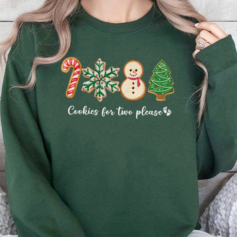 Cookies For Two Please Christmas Sweatshirt | Cute Gingerbread Pregnancy Reveal Design | Premium Cotton-Poly Blend | Festive Maternity Holiday Gift
